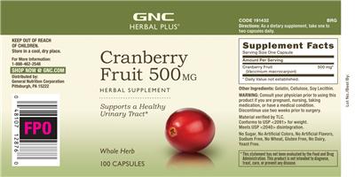 Photo of the GNC Herbal Plus Cranberry Fruit 500 mg label