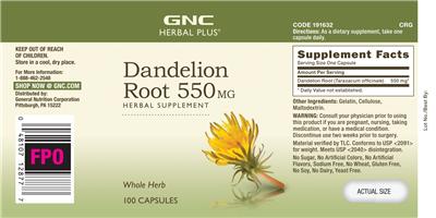 Photo of the GNC Herbal Plus Dandelion Root 550 mg label