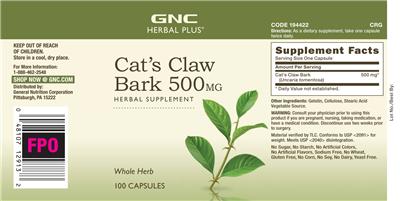 Photo of the GNC Herbal Plus Cat's Claw Bark 500 mg label