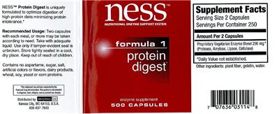 Photo of the NESS Nutritional Enzyme Support System Formula 1 Protein Digest label