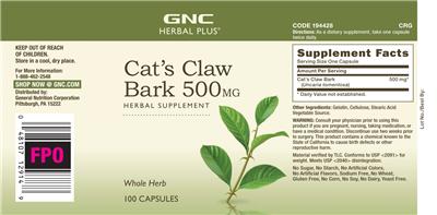 Photo of the GNC Herbal Plus Cat's Claw Bark 500 mg label