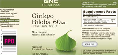 Photo of the GNC Herbal Plus Ginkgo Biloba 60 mg label