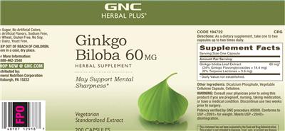 Photo of the GNC Herbal Plus Ginkgo Biloba 60 mg label