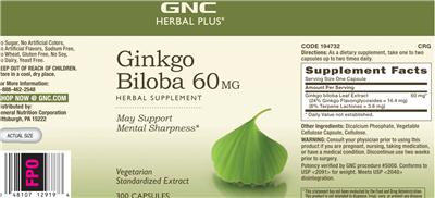 Photo of the GNC Herbal Plus Ginkgo Biloba 60 mg label