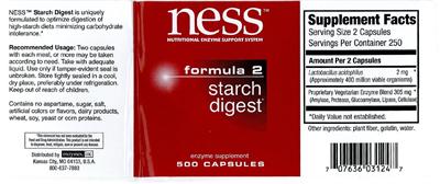 Photo of the NESS Nutritional Enzyme Support System Formula 2 Starch Digest label