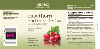 Photo of the GNC Herbal Plus Hawthorn Extract 150 mg label