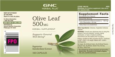 Photo of the GNC Herbal Plus Olive Leaf 500 mg label