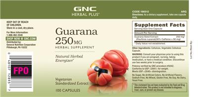 Photo of the GNC Herbal Plus Guarana 250 mg label