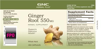 Photo of the GNC Herbal Plus Ginger Root 550 mg label