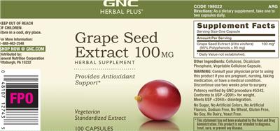 Photo of the GNC Herbal Plus Grape Seed Extract 100 mg label