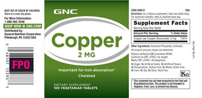 Photo of the GNC Copper 2 mg label
