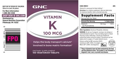 Photo of the GNC Vitamin K 100 mcg label