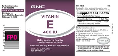 Photo of the GNC Vitamin E 400 IU label