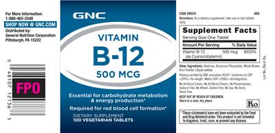 Photo of the GNC Vitamin B-12 500 mcg label
