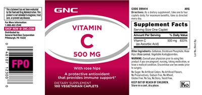 Photo of the GNC Vitamin C 500 mg With Rose Hips label