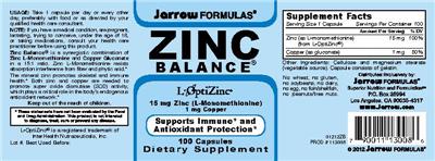 Photo of the Jarrow Formulas Zinc Balance label