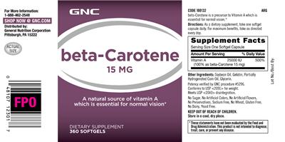 Photo of the GNC Beta-Carotene 15 mg label
