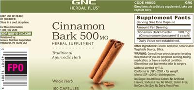 Photo of the GNC Herbal Plus Cinnamon Bark 500 mg label