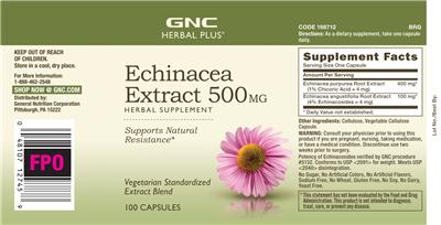 Photo of the GNC Herbal Plus Echinacea Extract 500 mg label