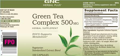 Photo of the GNC Herbal Plus Green Tea Complex 500 mg label