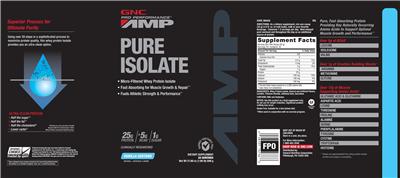 Photo of the GNC Pro Performance AMP Pure Isolate Vanilla Custard label