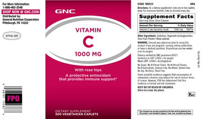 Photo of the GNC Vitamin C 1000 mg With Rose Hips label