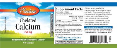 Photo of the Carlson Chelated Calcium 250 mg label