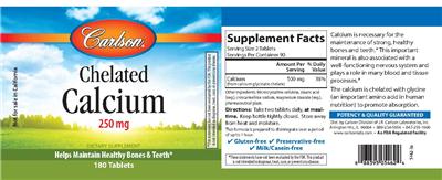 Photo of the Carlson Chelated Calcium 250 mg label