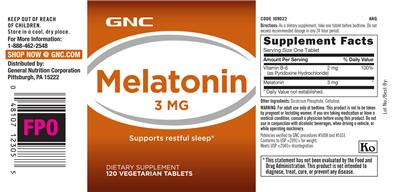 Photo of the GNC Melatonin 3 mg label