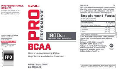 Photo of the GNC Pro Performance BCAA 1800 mg label