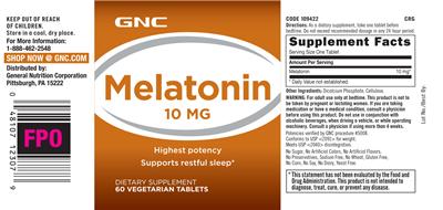 Photo of the GNC Melatonin 10 mg label