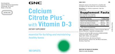 Photo of the GNC Calcium Citrate Plus With Vitamin D-3 label