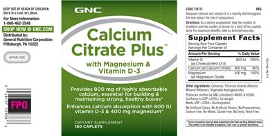Photo of the GNC Calcium Citrate Plus With Magnesium & Vitamin D-3 label