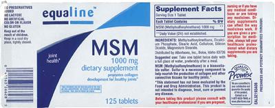 Photo of the Equaline MSM 1000 mg label