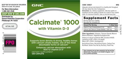 Photo of the GNC Calcimate 1000 with Vitamin D-3 label