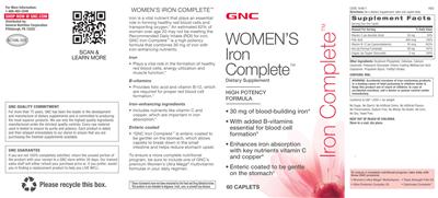 Photo of the GNC Women's Iron Complete label
