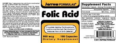 Photo of the Jarrow Formulas Folic Acid label