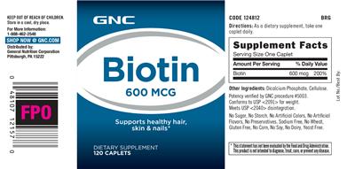 Photo of the GNC Biotin 600 mcg label
