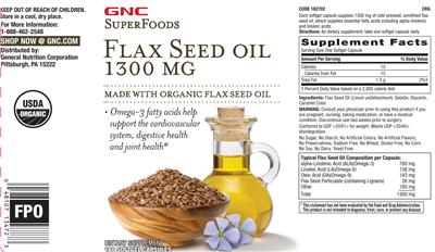 Photo of the GNC SuperFoods Flax Seed Oil 1300 mg label