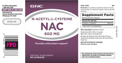 Photo of the GNC N-Acetyl-L-Cysteine NAC 600 mg label