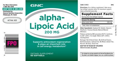 Photo of the GNC Alpha-Lipoic Acid 200 mg label