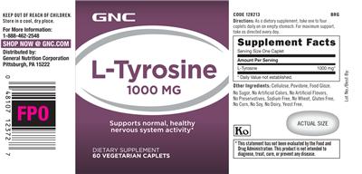 Photo of the GNC L-Tyrosine 1000 mg label
