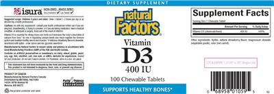 Photo of the Natural Factors Vitamin D3 400 IU label