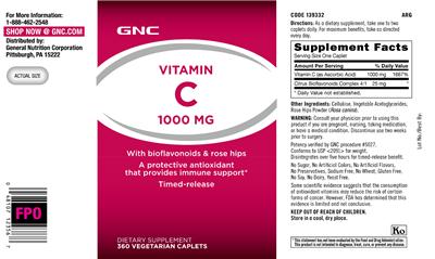 Photo of the GNC Vitamin C 1000 mg With Bioflavonoids & Rose Hips label