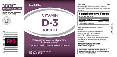 Photo of the GNC Vitamin D-3 1000 IU label