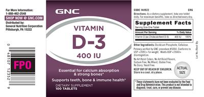 Photo of the GNC Vitamin D-3 400 IU label