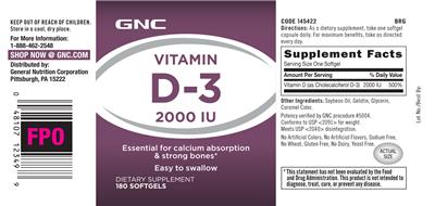 Photo of the GNC Vitamin D-3 2000 IU label