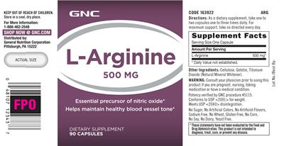 Photo of the GNC L-Arginine 500 mg label