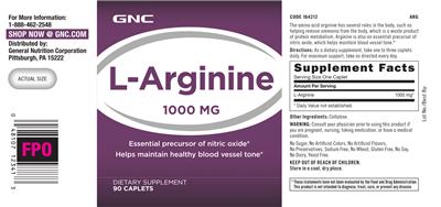 Photo of the GNC L-Arginine 1000 mg label