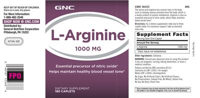 Photo of the GNC L-Arginine 1000 mg label